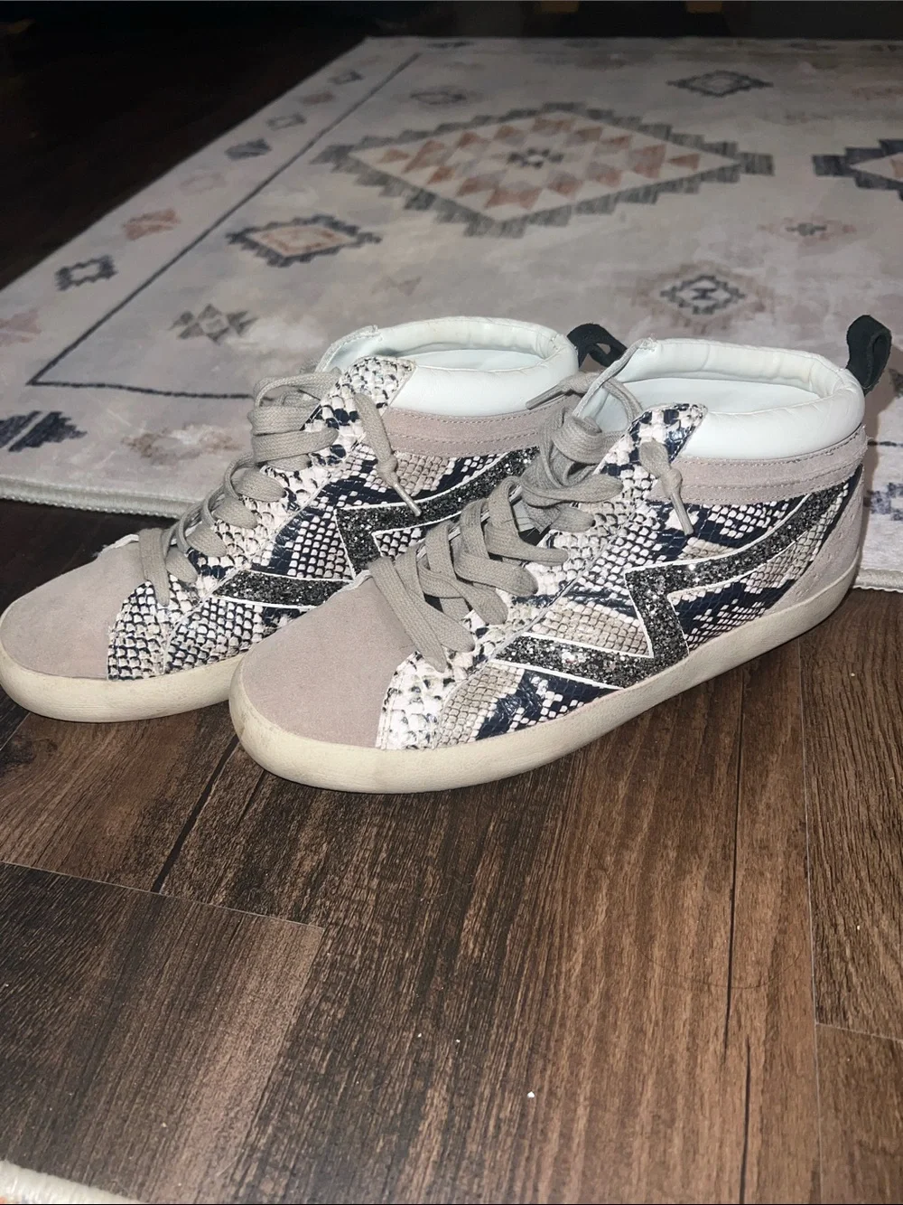 Gianni Bini High-Top Snake-Print Sneakers in Taupe and Black